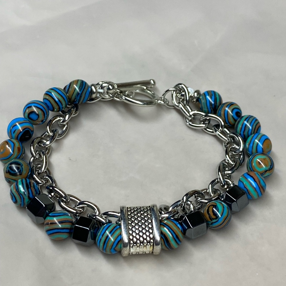 Elegant Blue turquoise and Silver Beaded Bracelet